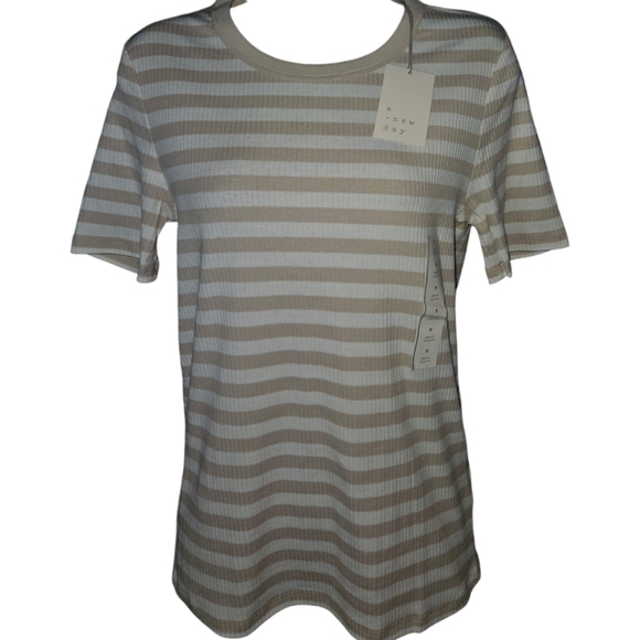 NWT A New Day Neutral Horizontal Stripe Short Sleeve Top - Picture 1 of 4